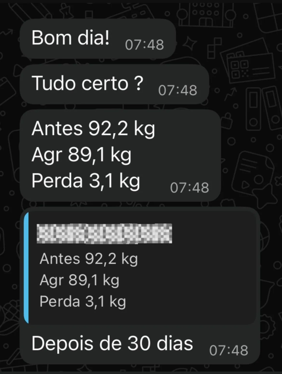 Conversa no WhatsApp: paciente relata perda de 3,1 kg em 30 dias, de 92,2 kg para 89,1 kg.